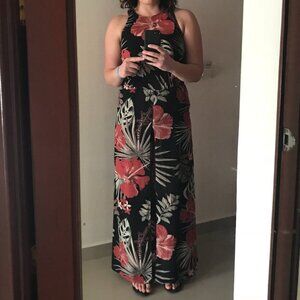 Dynamite Black Maxi Dress with Red and Cream Floral Pattern